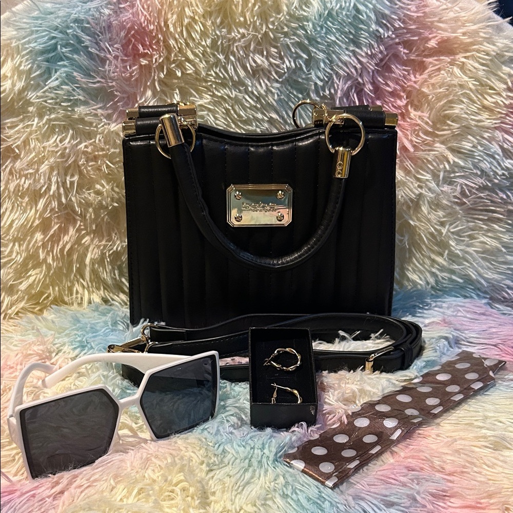 Bebe black handbag/ crossbody NWOT white Sunglasses, Twilly & Gold twis Earrings